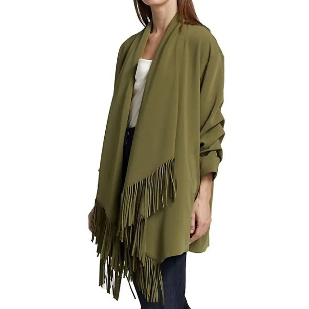 Cinq A Sept Womens Azura Fringe Jacket Sz 00 Military Olive Green NWOT